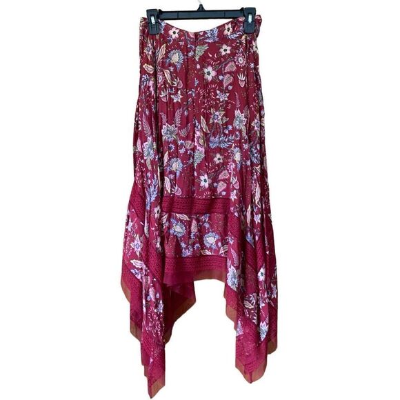 BCBGMAXAZRIA Floral Handkerchief-Hem Skirt Deep Red Size S - Picture 6 of 12